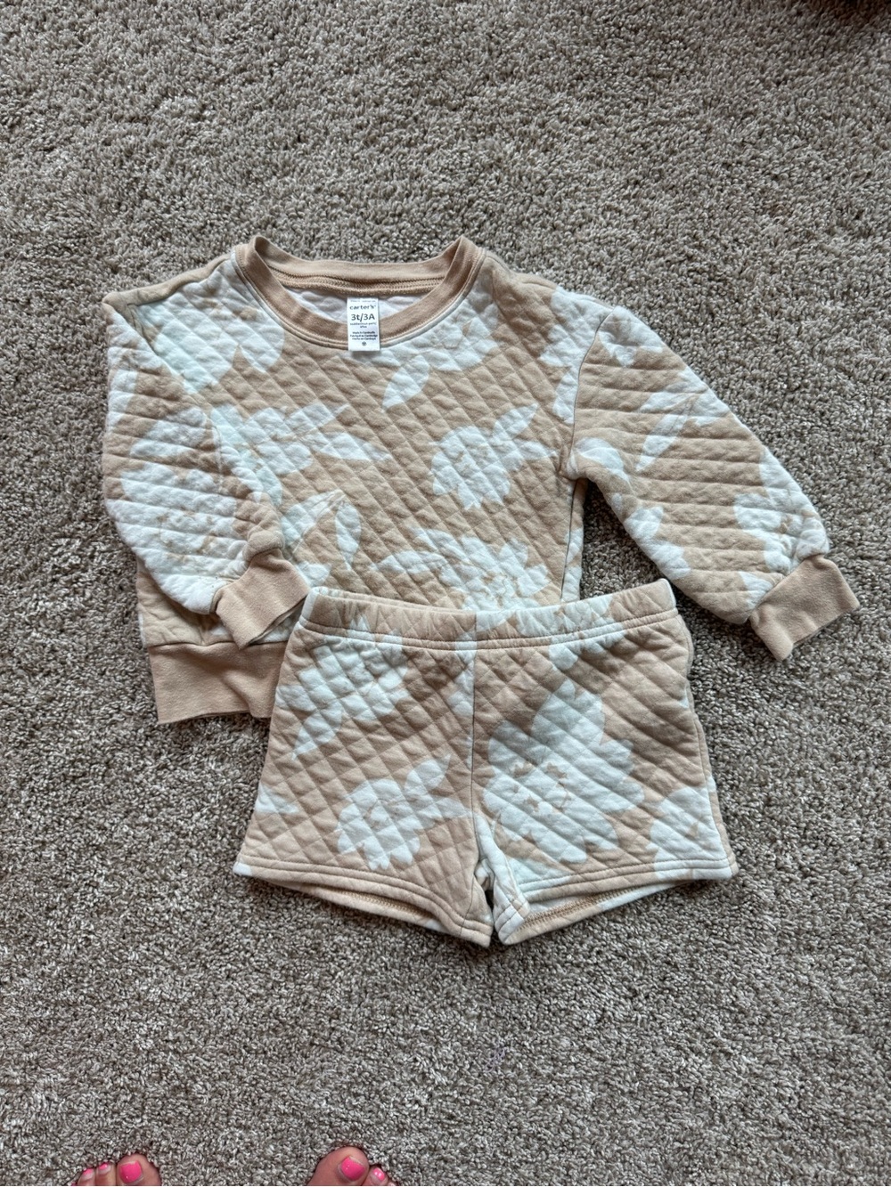 Carter’s Girls Quilted Floral Sweatshirt Shorts Set Size Outfit 3T Beige Blue - Picture 3 of 9